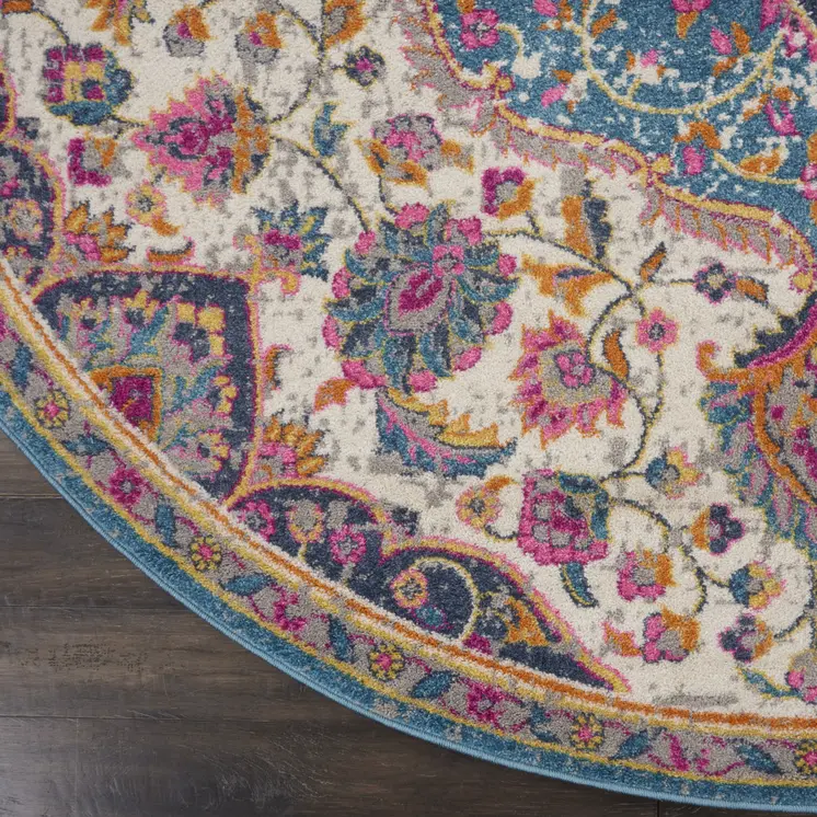 5' Ivory And Blue Medallion Round Rug
