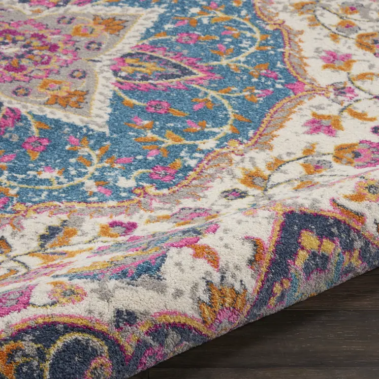 5' Ivory And Blue Medallion Round Rug
