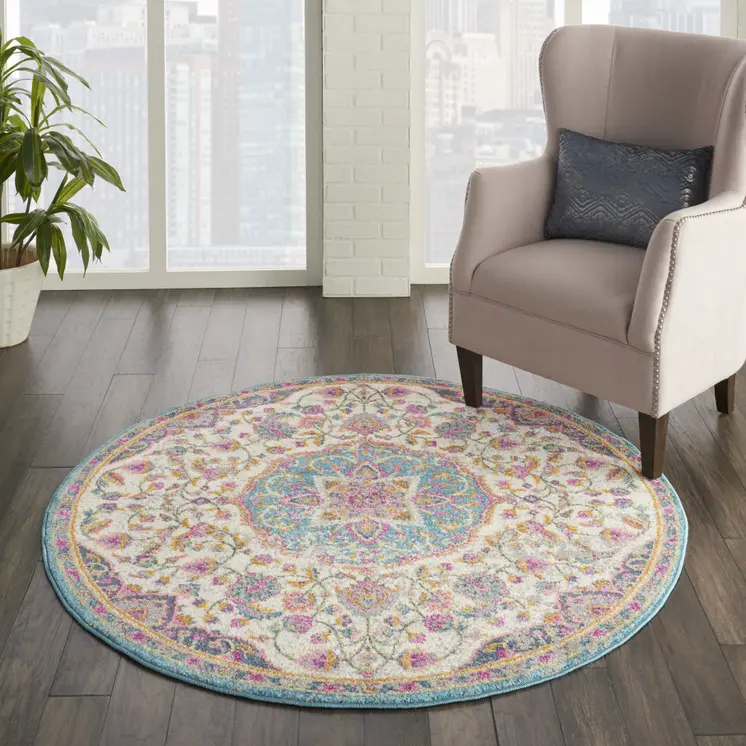 5' Ivory And Blue Medallion Round Rug