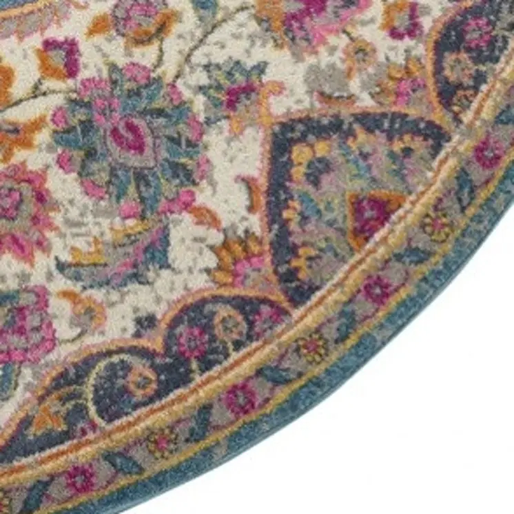 5' Ivory And Blue Medallion Round Rug