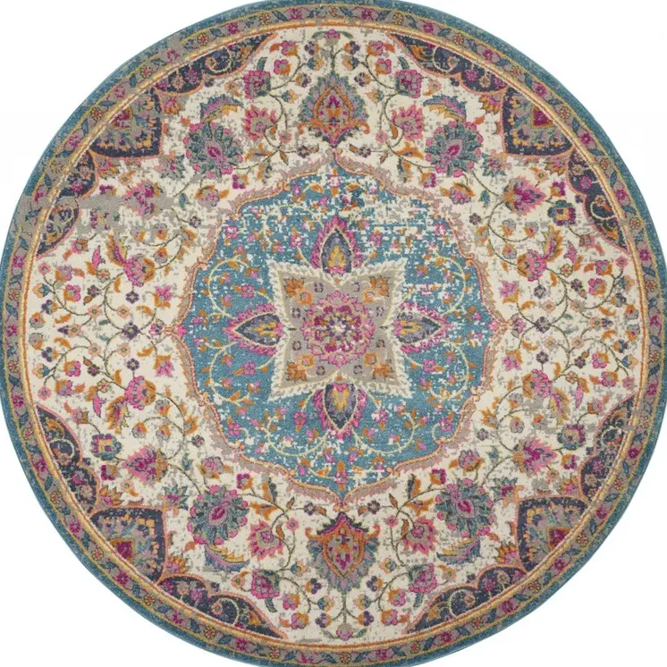 5' Ivory And Blue Medallion Round Rug