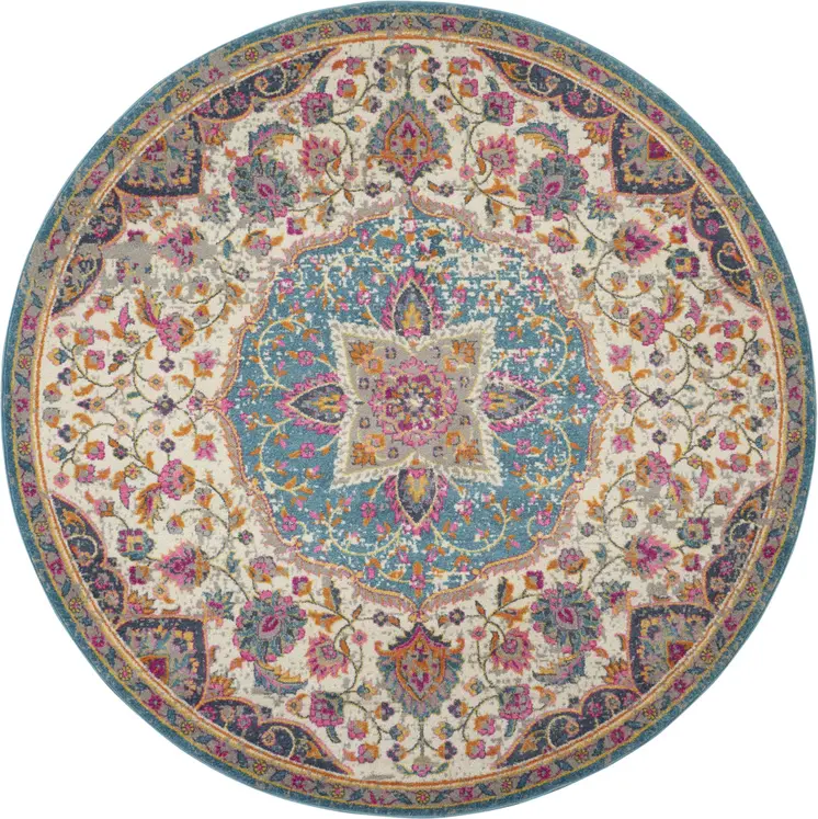 5' Ivory And Blue Medallion Round Rug