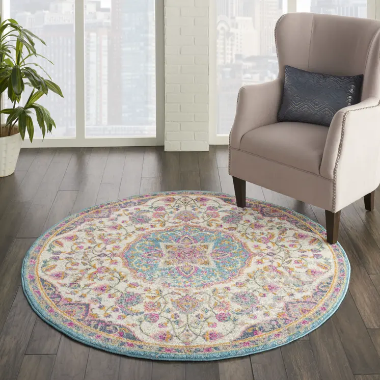 5' Ivory And Blue Medallion Round Rug
