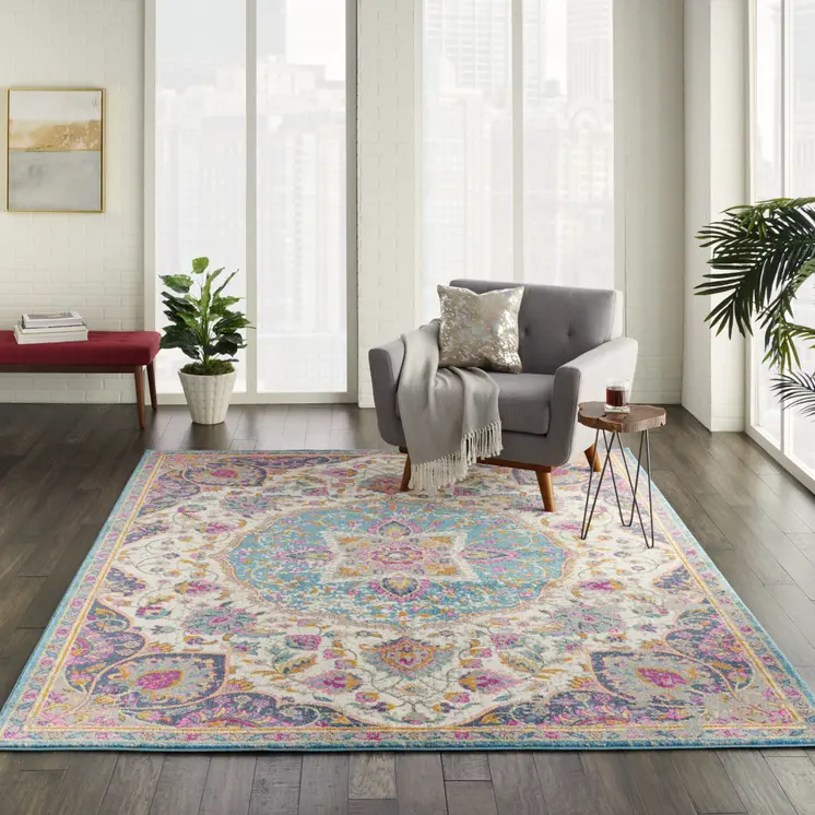 7' X 10' Ivory And Blue Medallion Area Rug