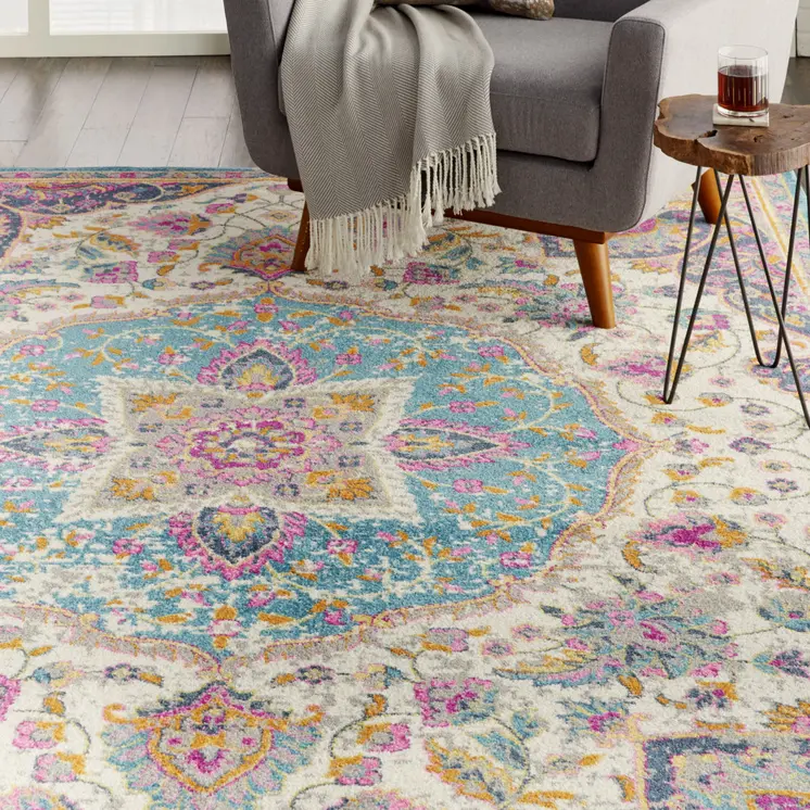 7' X 10' Ivory And Blue Medallion Area Rug