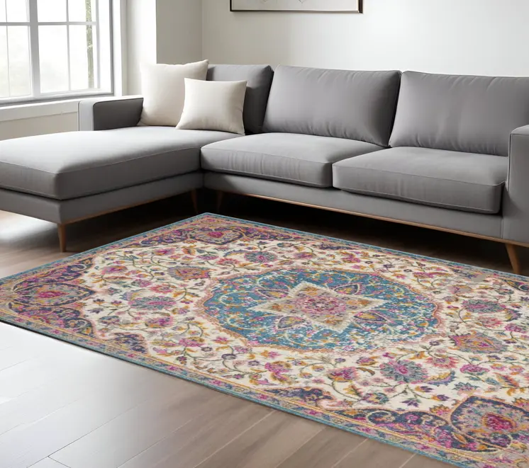 7' X 10' Ivory And Blue Medallion Area Rug