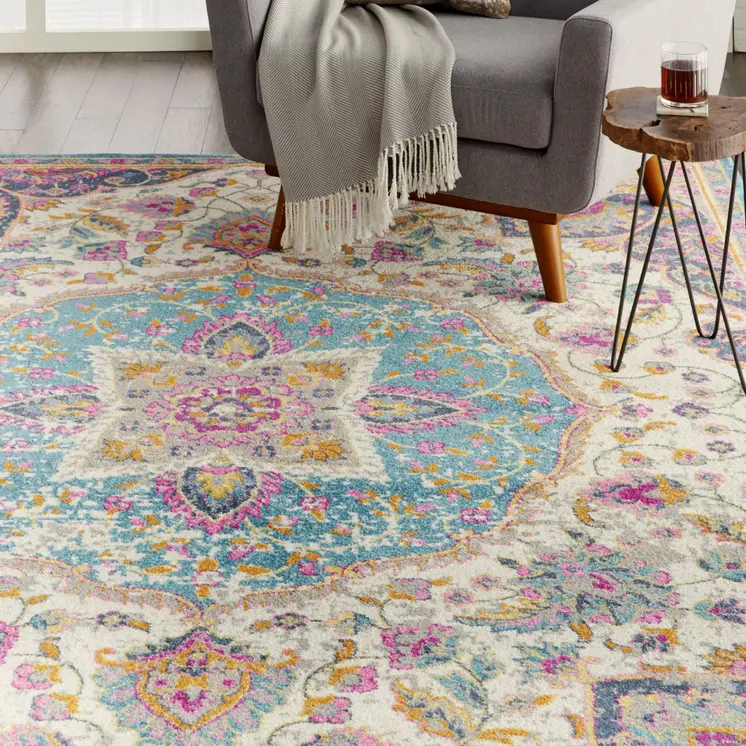 7' X 10' Ivory And Blue Medallion Area Rug