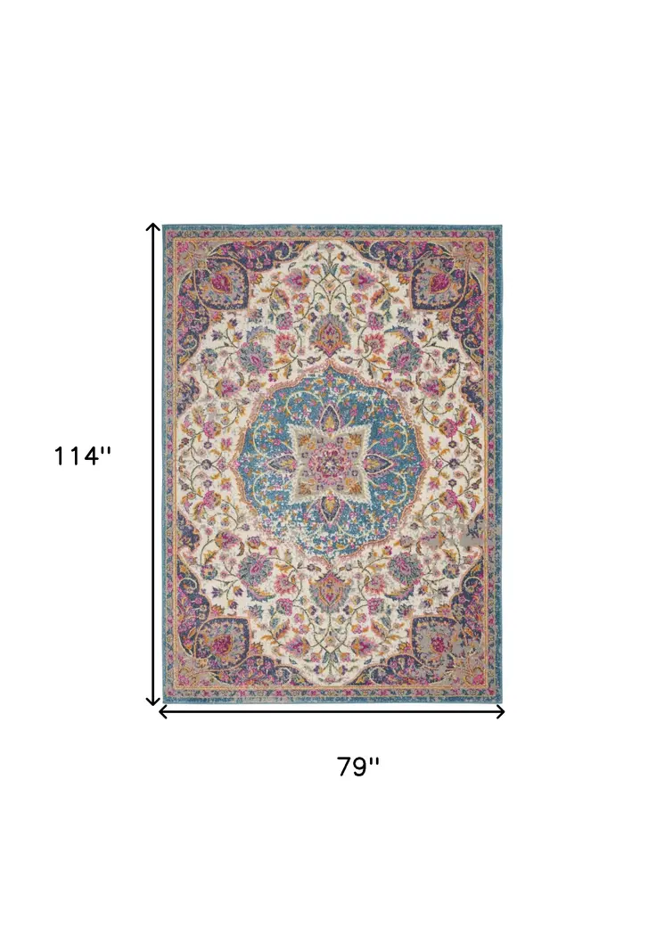 7' X 10' Ivory And Blue Medallion Area Rug