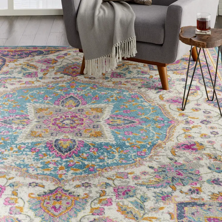 8' X 10' Ivory And Blue Medallion Area Rug