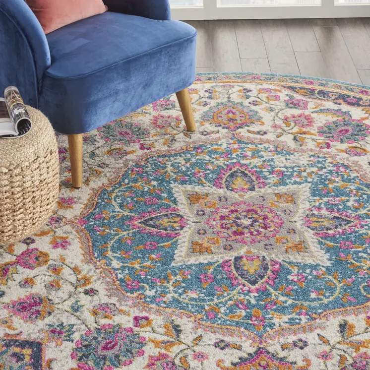 8' Ivory And Blue Medallion Round Rug