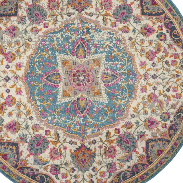 8' Ivory And Blue Medallion Round Rug