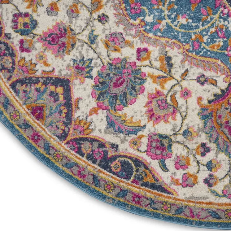 8' Ivory And Blue Medallion Round Rug