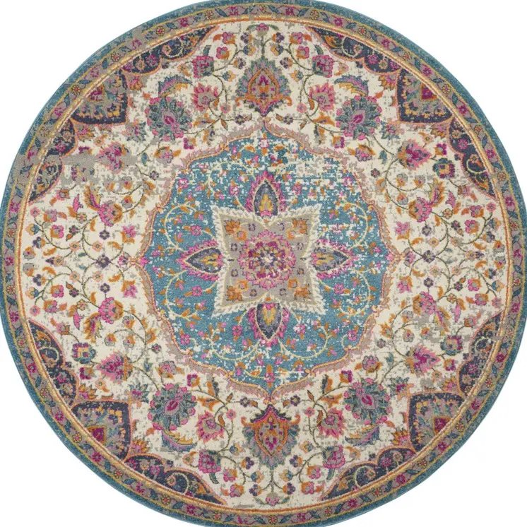 8' Ivory And Blue Medallion Round Rug
