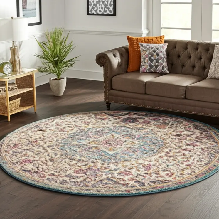 8' Ivory And Blue Medallion Round Rug