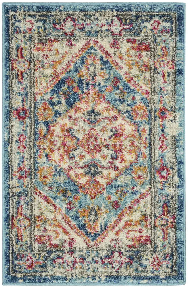 2' X 3' Ivory And Blue Oriental Distressed Area Rug