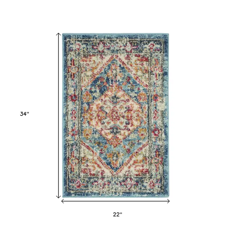 2' X 3' Ivory And Blue Oriental Distressed Area Rug