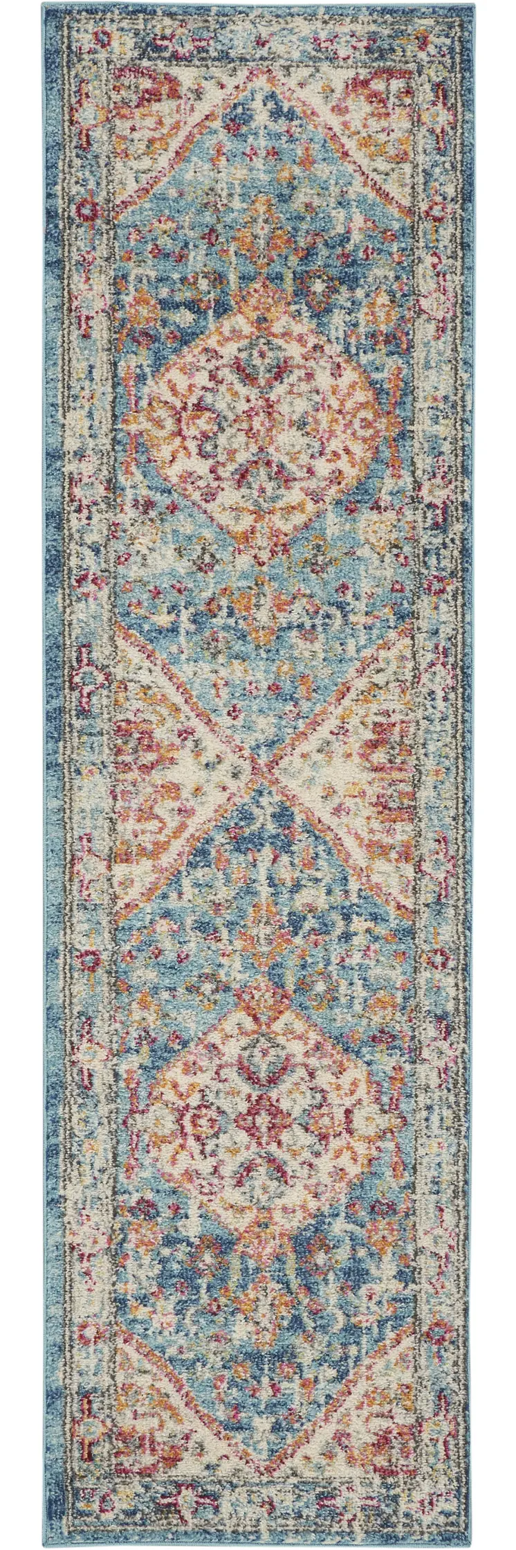 8' Ivory And Blue Oriental Distressed Runner Rug