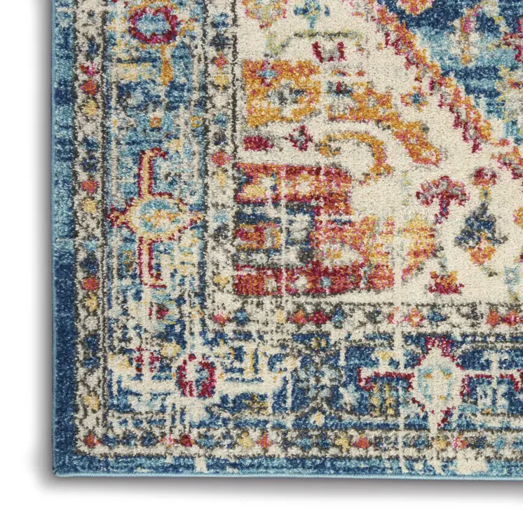 8' Ivory And Blue Oriental Distressed Runner Rug