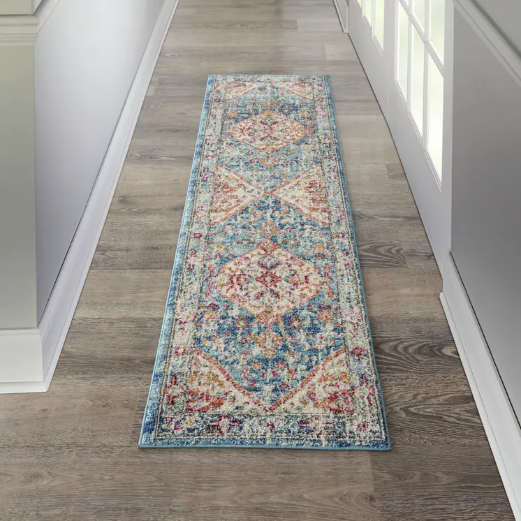 8' Ivory And Blue Oriental Distressed Runner Rug