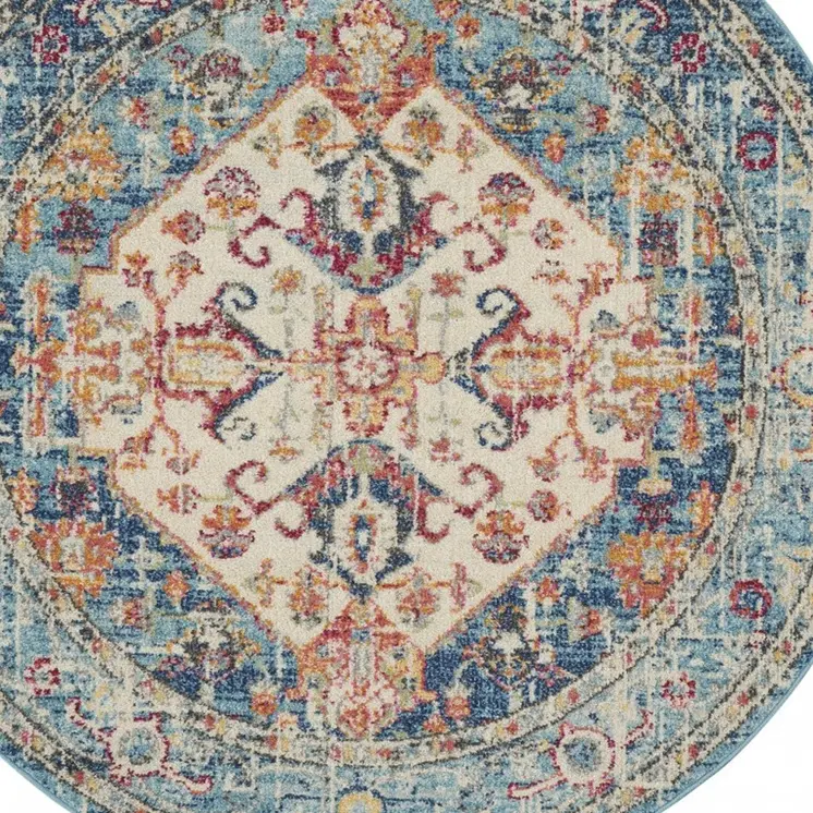 4' Ivory And Blue Oriental Distressed Round Rug