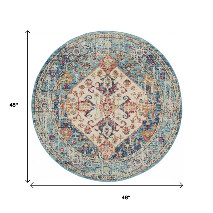 4' Ivory And Blue Oriental Distressed Round Rug