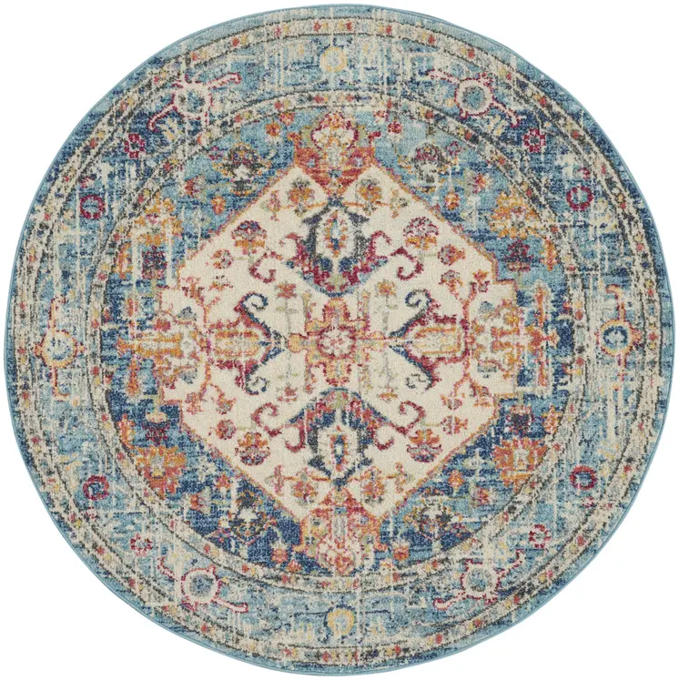 5' Ivory And Blue Oriental Distressed Round Rug