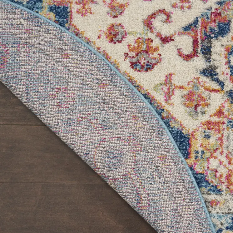 5' Ivory And Blue Oriental Distressed Round Rug