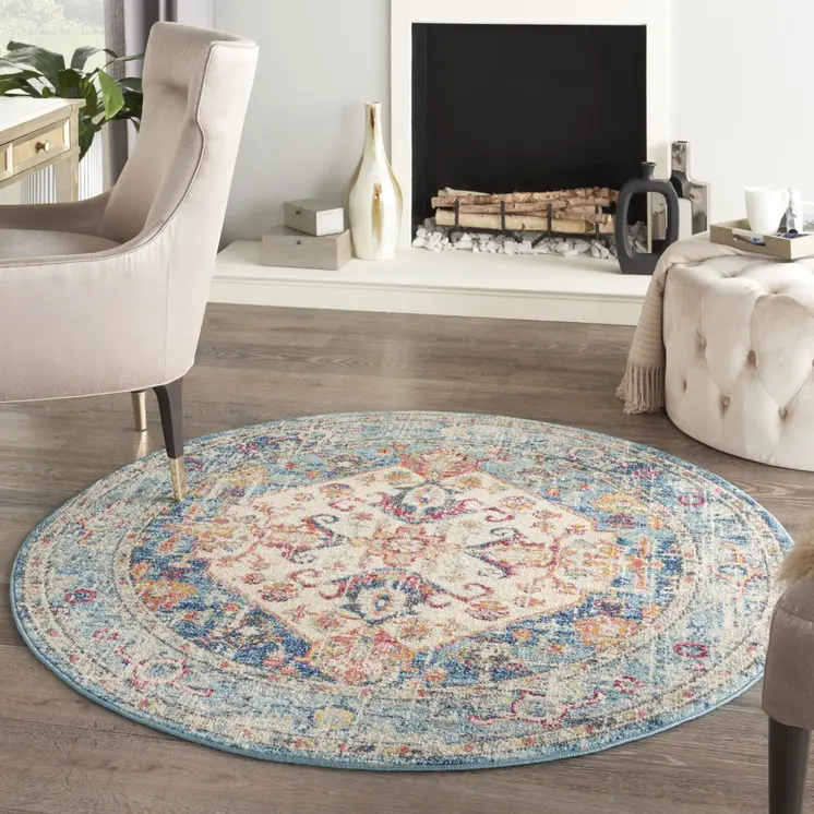 5' Ivory And Blue Oriental Distressed Round Rug