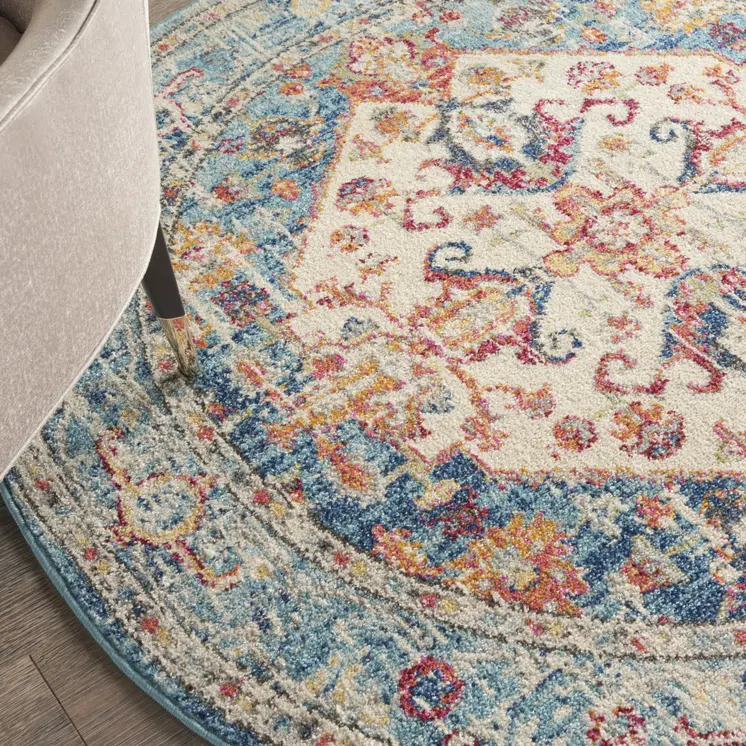 5' Ivory And Blue Oriental Distressed Round Rug