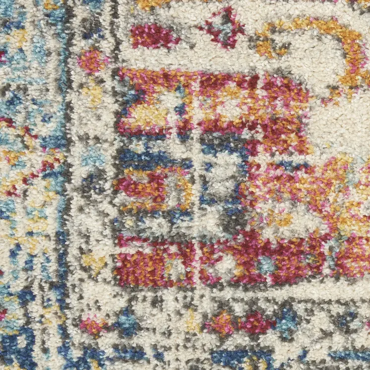5' Ivory And Blue Oriental Distressed Round Rug