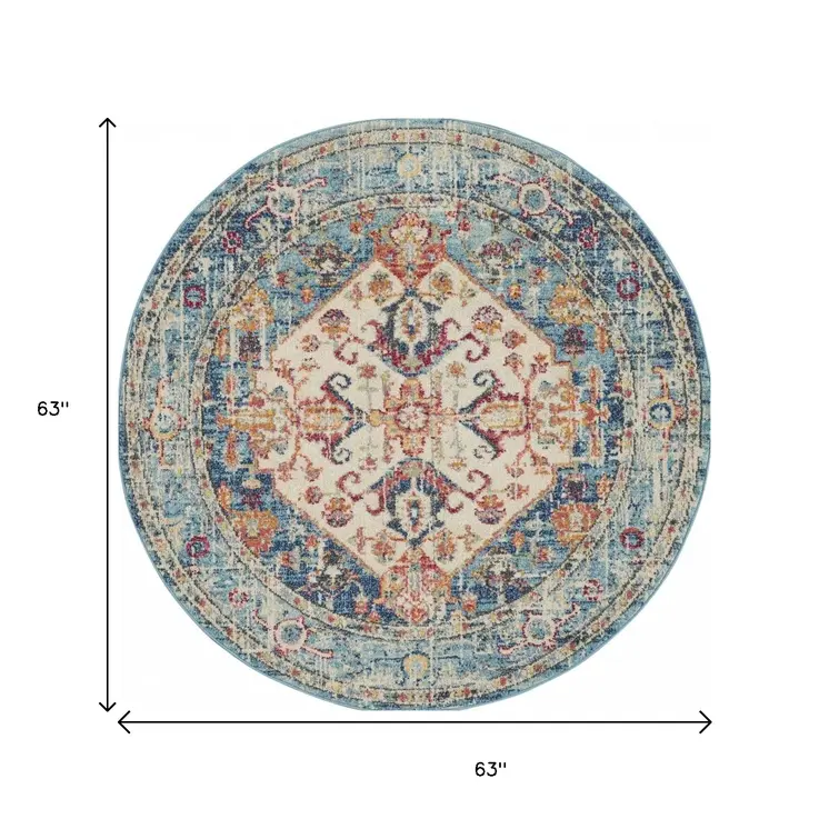 5' Ivory And Blue Oriental Distressed Round Rug