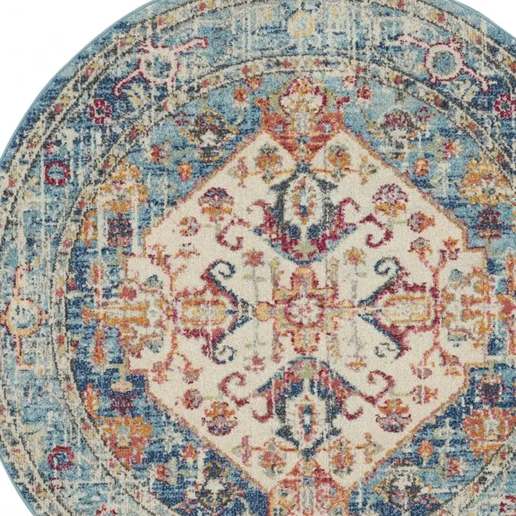5' Ivory And Blue Oriental Distressed Round Rug