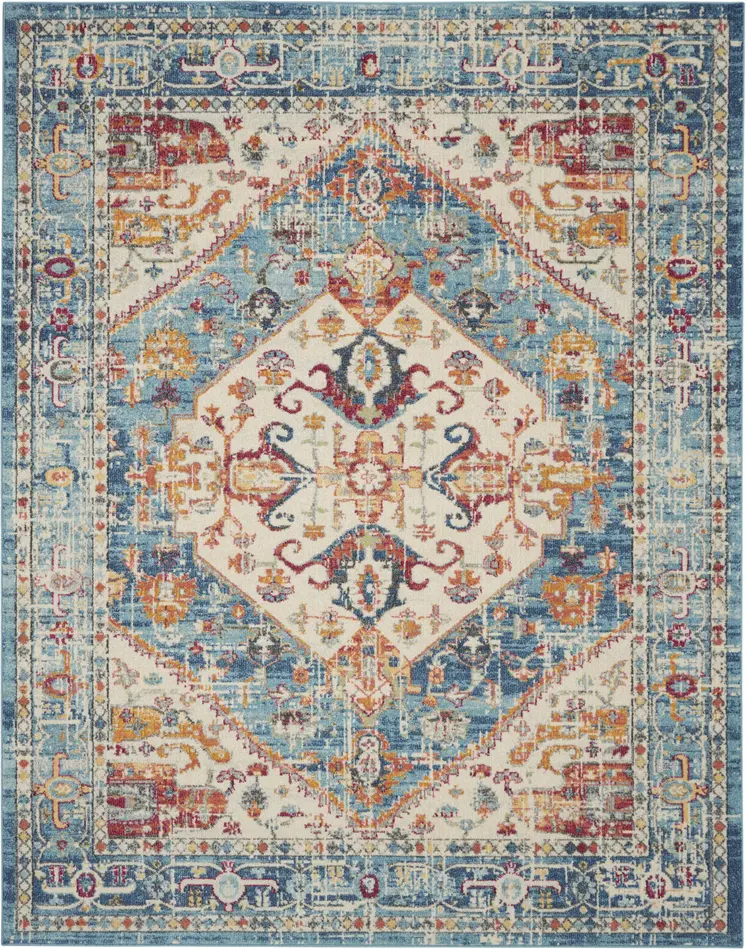 8' X 10' Ivory And Blue Oriental Distressed Area Rug