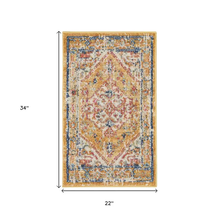 2' X 3' Yellow And Ivory Medallion Area Rug