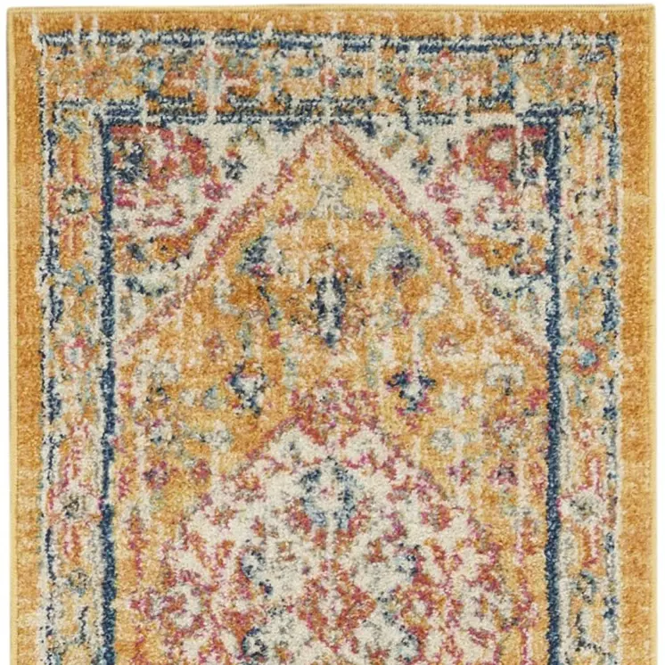 10' Yellow And Ivory Medallion Runner Rug