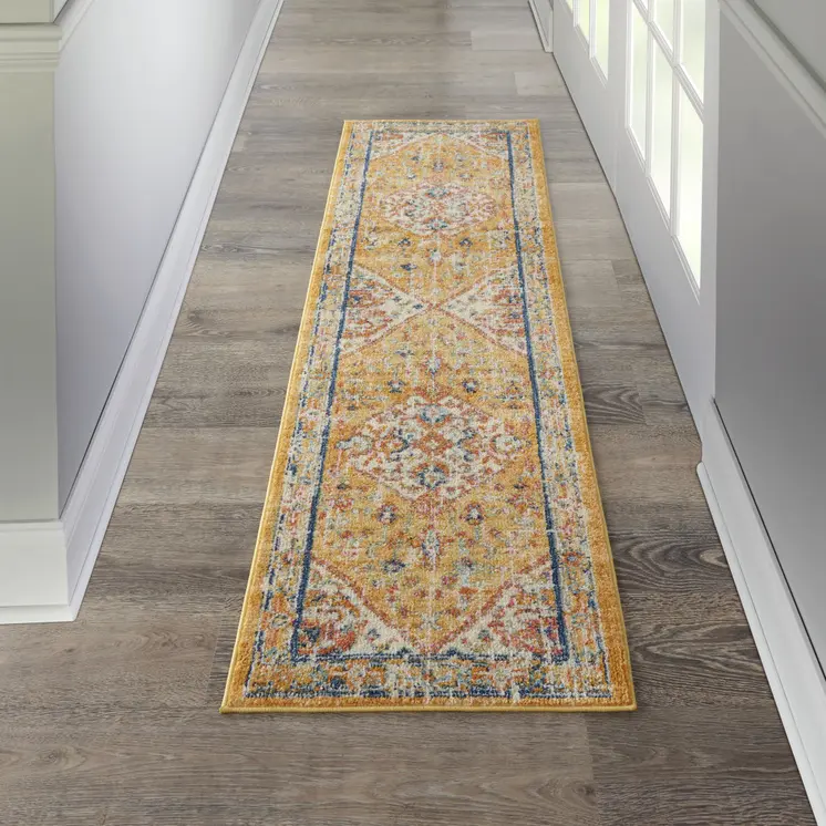 8' Yellow And Ivory Medallion Runner Rug