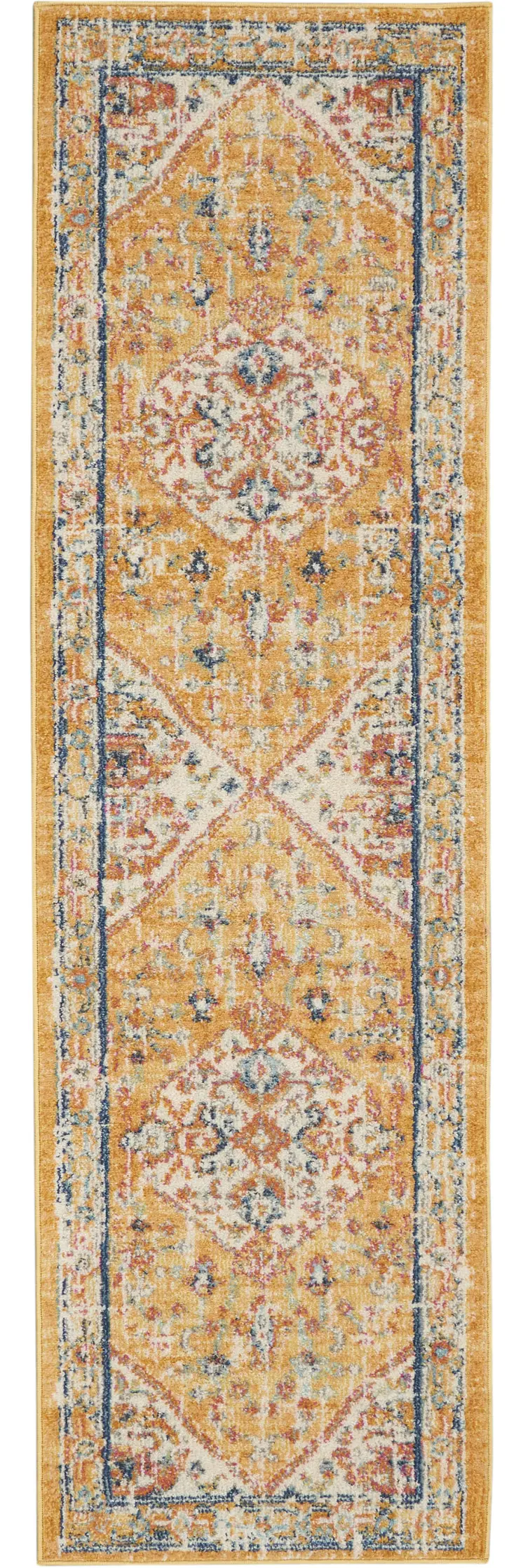 8' Yellow And Ivory Medallion Runner Rug