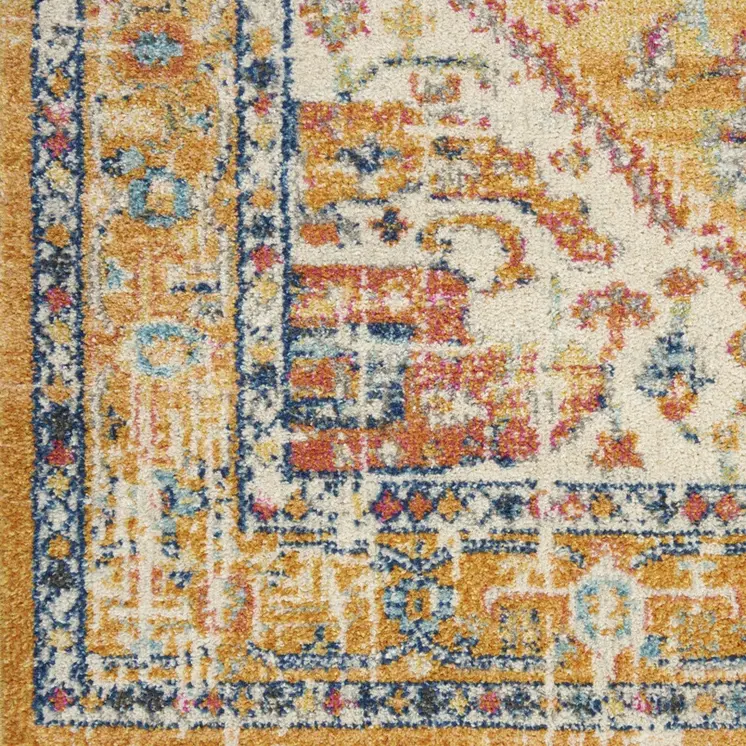 8' Yellow And Ivory Medallion Runner Rug