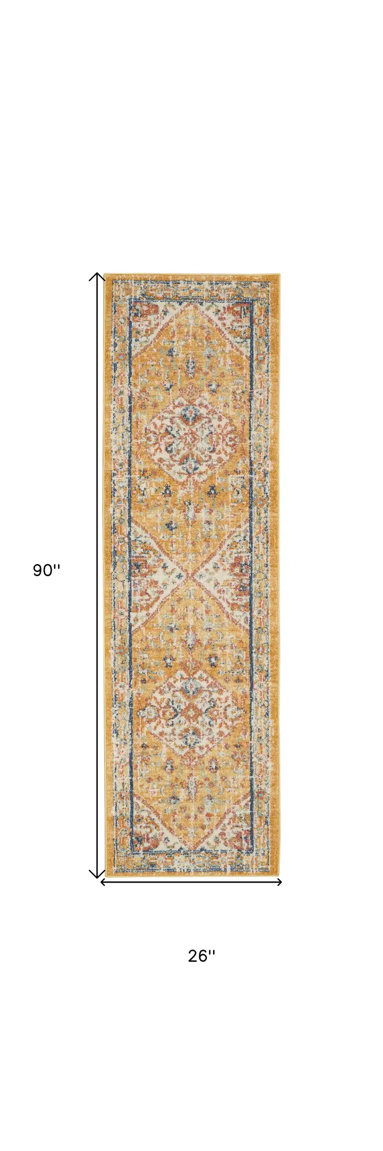 8' Yellow And Ivory Medallion Runner Rug