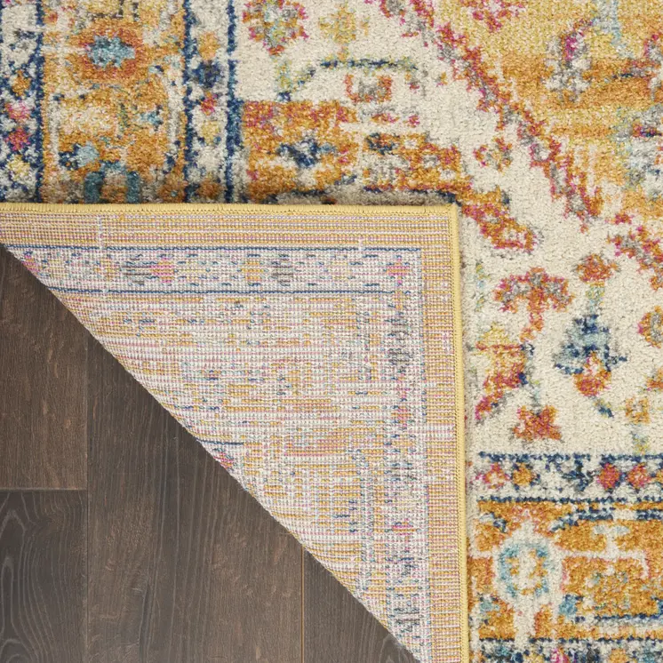 8' Yellow And Ivory Medallion Runner Rug