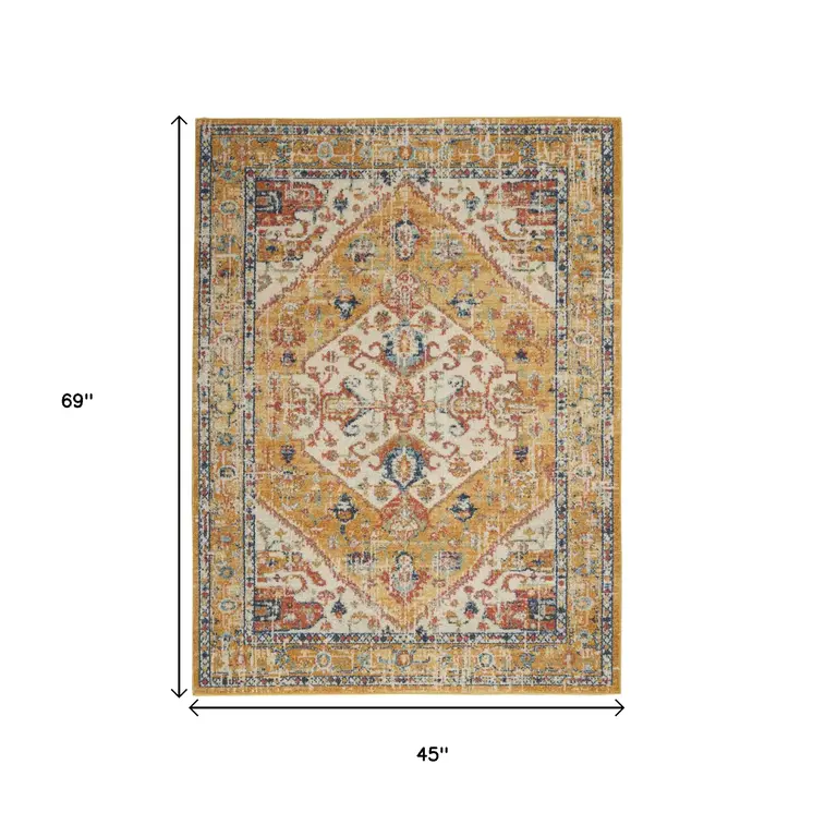4' X 6' Yellow And Ivory Medallion Area Rug