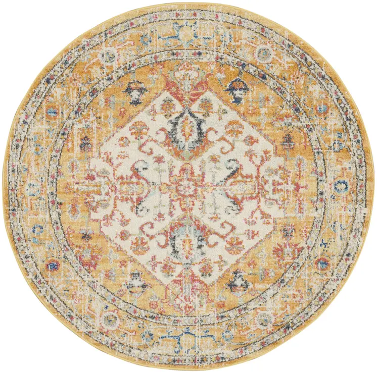 4' Yellow And Ivory Medallion Round Rug