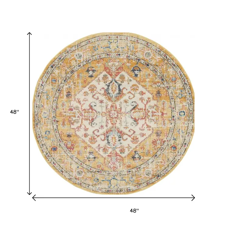 4' Yellow And Ivory Medallion Round Rug
