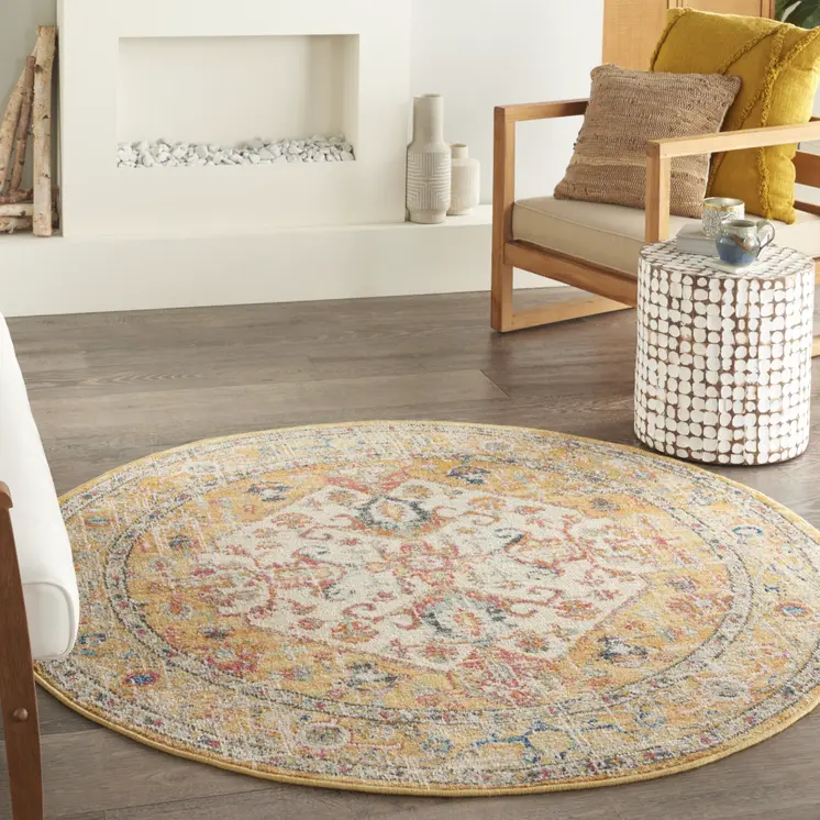 4' Yellow And Ivory Medallion Round Rug