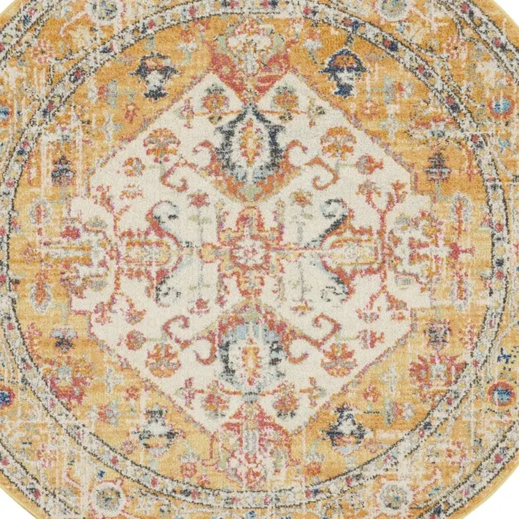 4' Yellow And Ivory Medallion Round Rug
