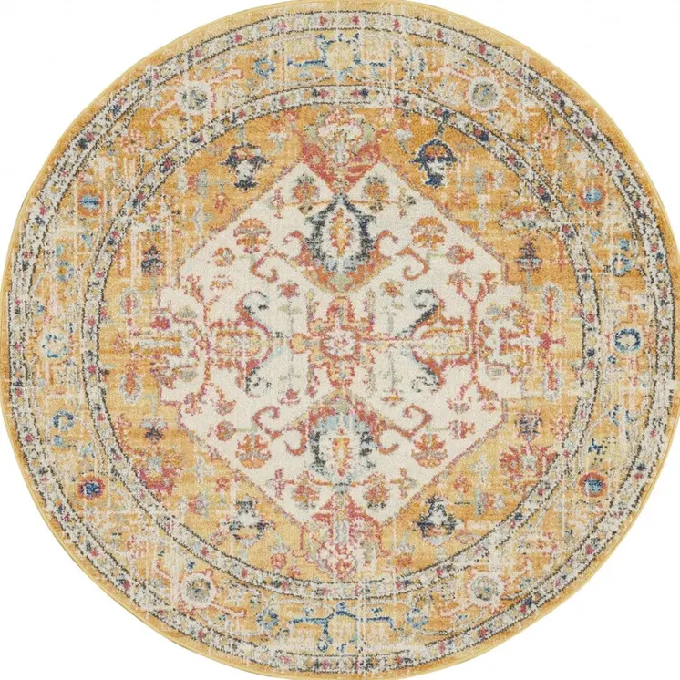 4' Yellow And Ivory Medallion Round Rug