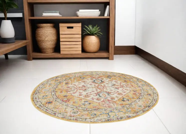 5' Yellow And Ivory Floral Medallion Round Rug