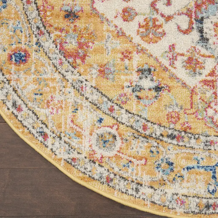 5' Yellow And Ivory Floral Medallion Round Rug