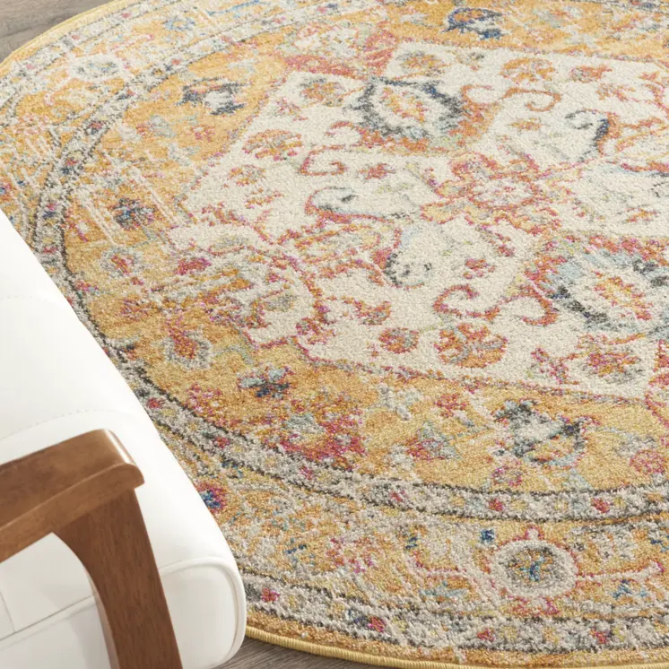 5' Yellow And Ivory Floral Medallion Round Rug