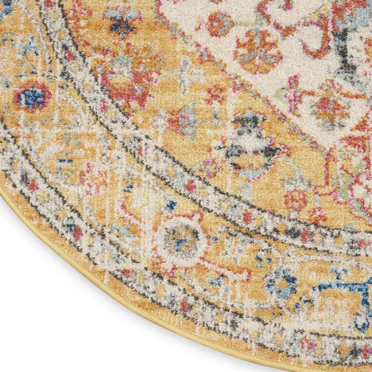 5' Yellow And Ivory Floral Medallion Round Rug